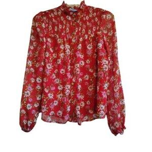 ​Draper James RSVP Floral Smocked Mock Neck Blouse - Red Daisy Print - Size XS